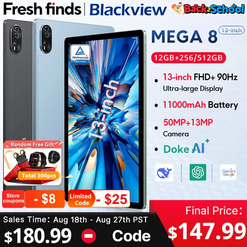 【Anteprima mondiale】Tablet Blackview MEGA 8 13 pollici FHD+ 90Hz Display 11000mAh AI Android 15 Fotocamera 50Mp 4 altoparlanti BOX 4G Pad PC