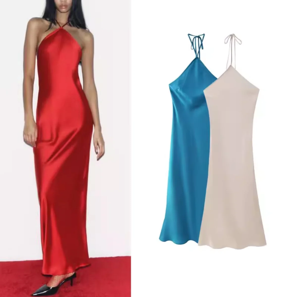 セクシーでおしゃれなシルクサテン風下着スタイルのワンピース レディース 秋冬新作 ノースリーブ ノースリーブ ポリエステル00%