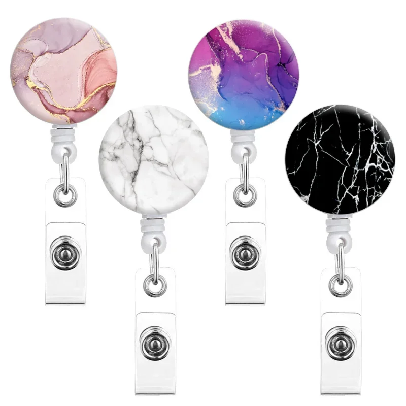 Marbling Badge Reel for ID Tag Retractable Length Name Badge Holder Accessories Clips Working Permit Employee's Pass Card Reels