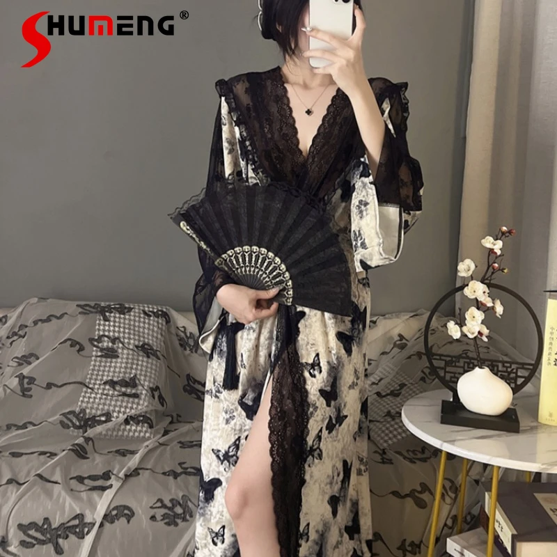 

Sexy Lace Hollow Nightgown Velvet Robes for Women Long Autumn Winter Chinese Style Robes Female Pure Morning Robe Loungewear