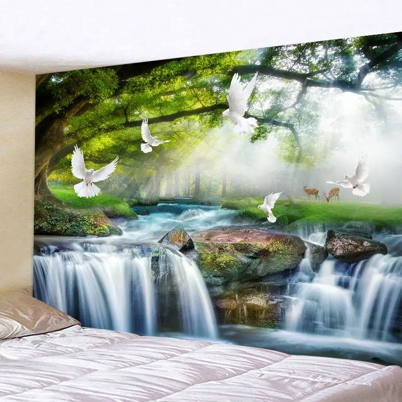VIKAMA Forest Waterfall Landscape Tapestry Natural Scenery Background Cloth Bedroom Dormitory Living Room Aesthetics Home Decor