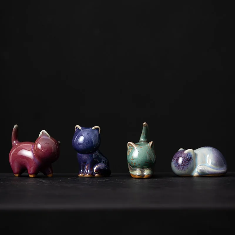 Chinese Style Kiln Change Glaze Small Cute Cat Ceramic Tea Pet Lucky Desktop Ornament Living Room Coffee Table Decor Handmade