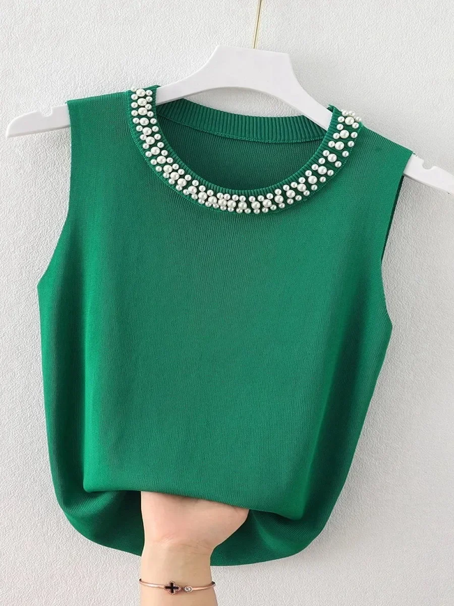 2026 Women Top Korea Knitted Vests Solid Tank Blusas Mujer De Moda Summer New Fashion Female Sleeveless Beading Casual Thin Tops
