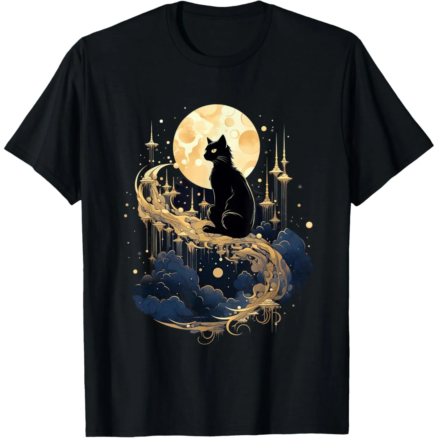 Golden Full Moon Black Cat Magical Floating Castle Cloud Print T-Shirt