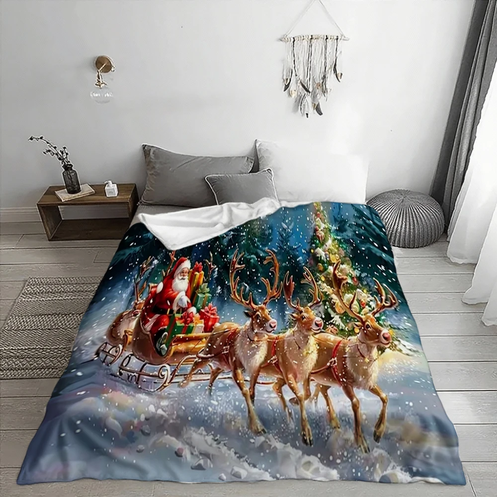 Santa Sleigh Ride, Christmas Gift, Blanket, Reindeer Snowy Forest Design, Home Decor, Soft Cozy Multi-Purpose