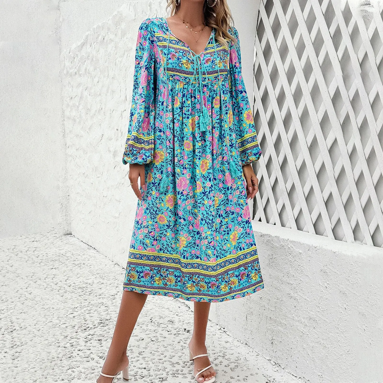 

High Quality Women's Clothing 2024 Spring Summer Leisure Vacation Printed Long Sleeved Dress with Drawstring Bohemian Dress Y2k