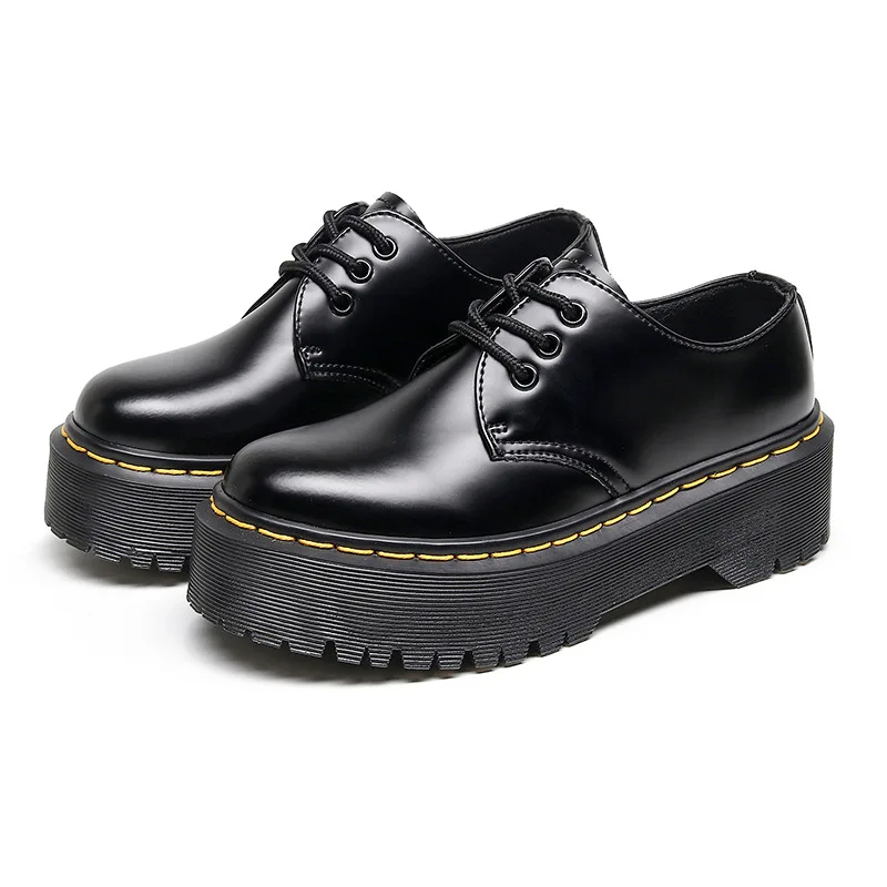 Thick Soled 3-hole Shoes Women Low Cut Shoes Made Of Genuine Leather British Round Toe Casual Student Sponge Sole Short Boots