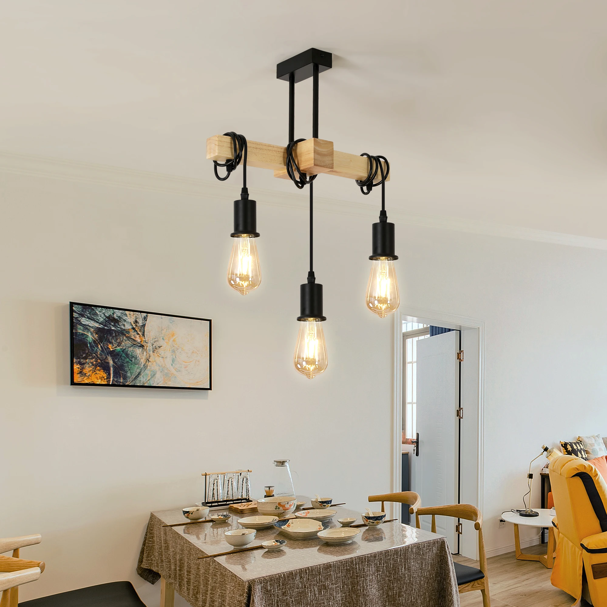 

Vintage Pendant Chandelier,3 Lights Wooden and Metal Chandelier,Adjustable Retro Light E27 Adjustable for Living Room(No Bulb)