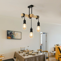 Vintage Pendant Chandelier,3 Lights Wooden and Metal Chandelier,Adjustable Retro Light E27 Adjustable for Living Room(No Bulb)