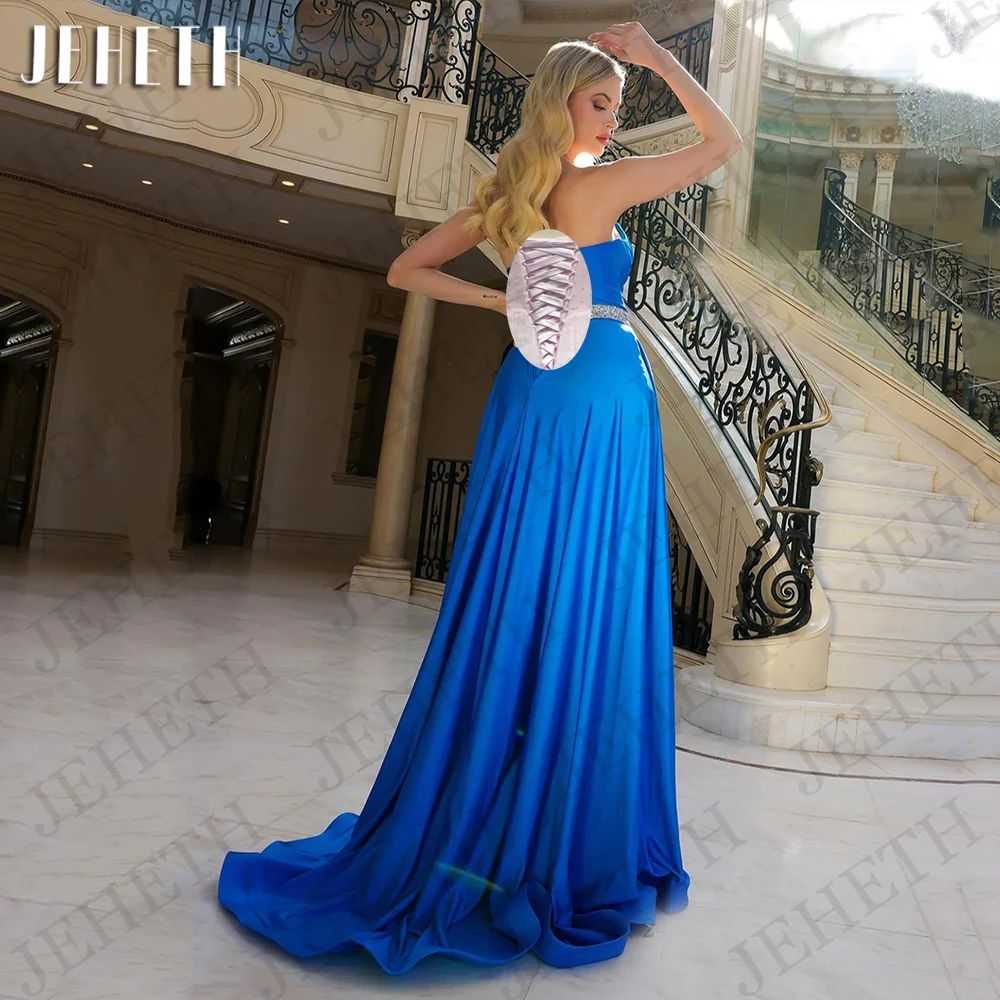 Jeheth Vestidos de Noche träger los eine Linie Dubai Abendkleid formelle Satin Perlen einfache Split V-Ausschnitt Abschluss ball Party kleid Arabisch Vestidos De Noche Trägerlos A Line Dubai  Abendkleid Formal Satin Pe