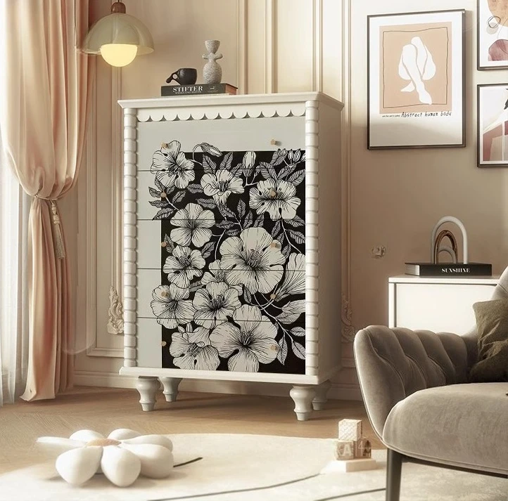 A Five-bucket chest of drawers living room entrance black and white flower decoration cabinet