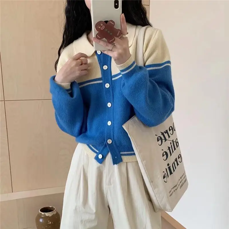

Color Blocked Lapel Single Breasted Knitted Cardigan for Women Loose and Lazy Style Cardigan Top