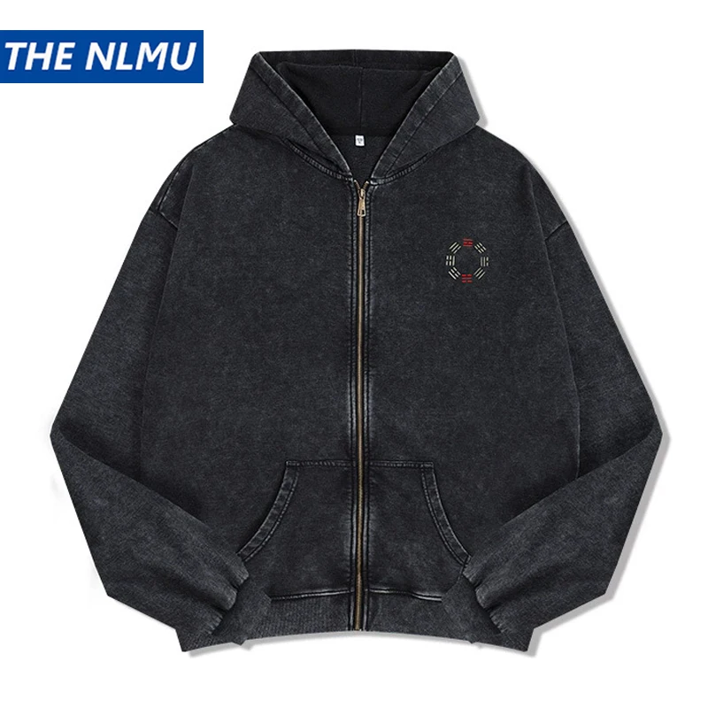 Vintage Zip Up Hoodie Jacket Y2K Loose Washed Embroidered Hooded Sweatshirt Coat 2025 Autumn Harajuku Cotton Streetwear Clothes