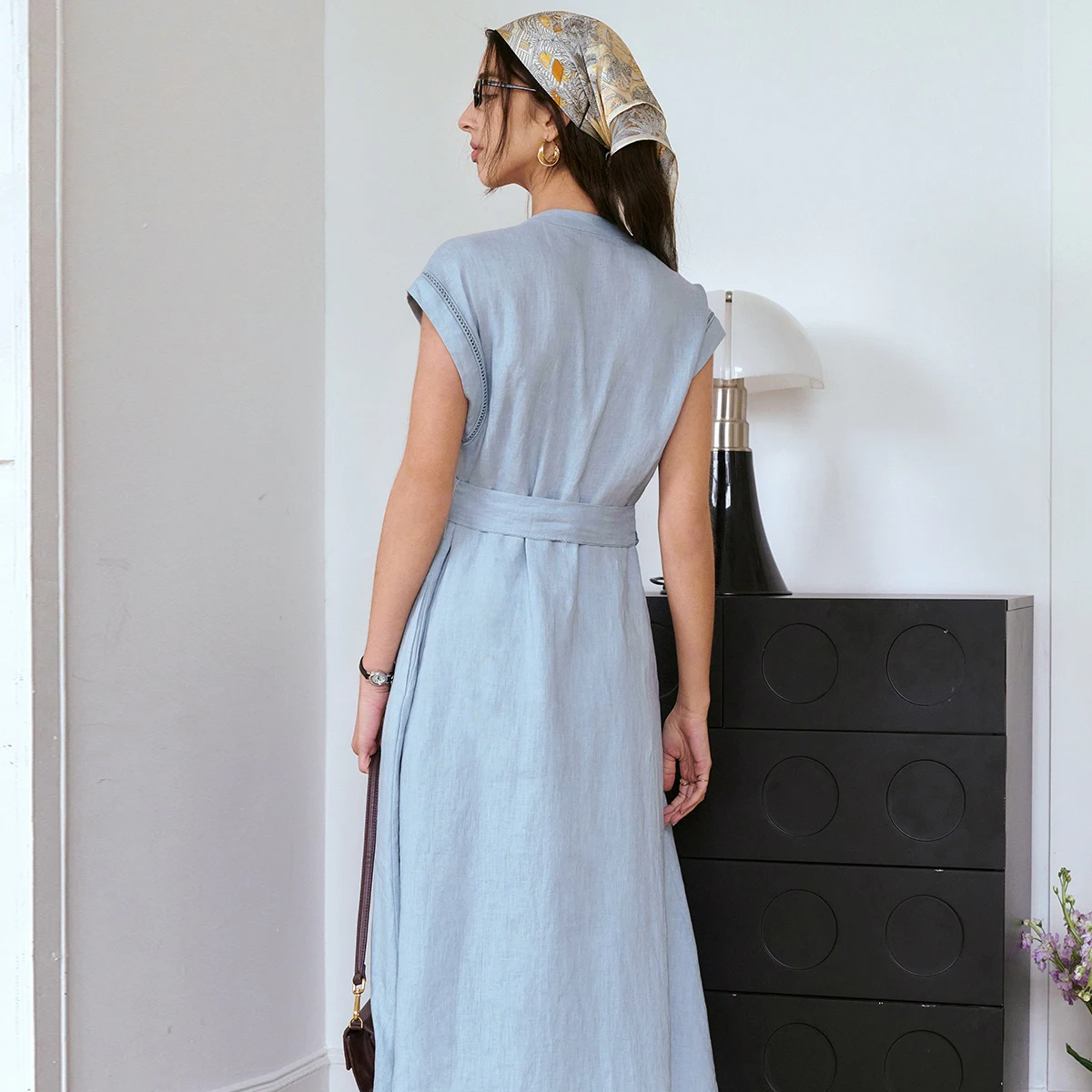 OLrain Summer Blue Linen Midi Dress Women 2025 French V-neck Fashion Belted Waist Long Shirt Dresses Ladies Clothes O57XL99188