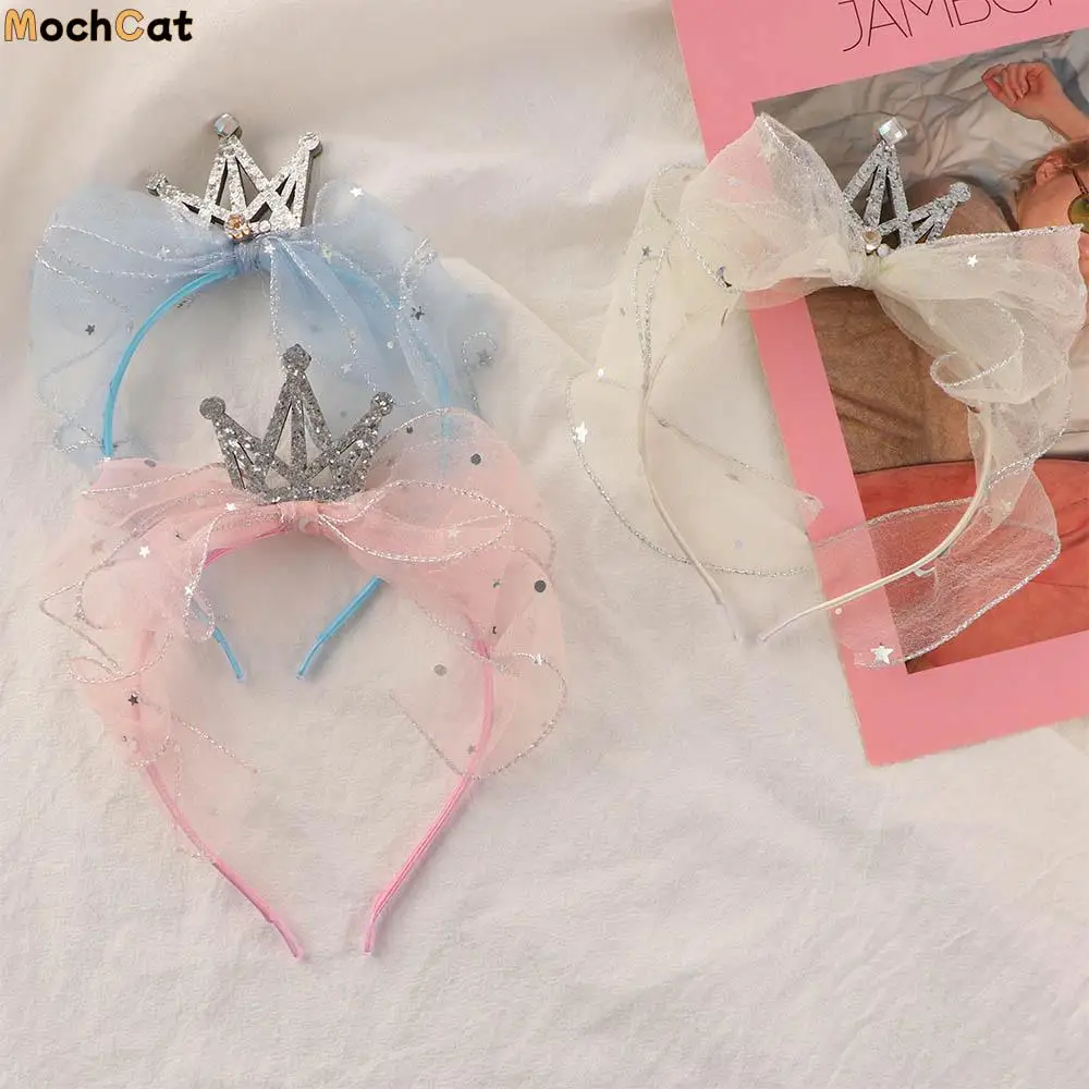 

Princess HeadWear Shining Diamond Bow Head Hoop Crown Mesh Yarn Bow Headband