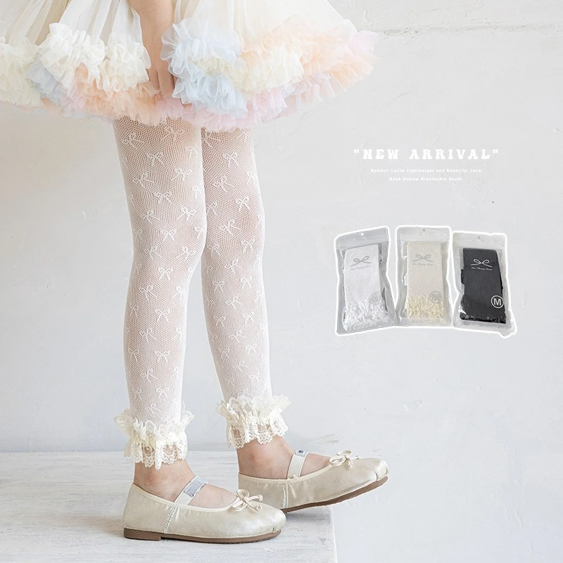 

Kids Lolita Ankle Sock Leggings for Girl Korean Fashion Jacquard Bow Pantyhose Spring Summer Thin Bow Lace Trim Tights for Girls