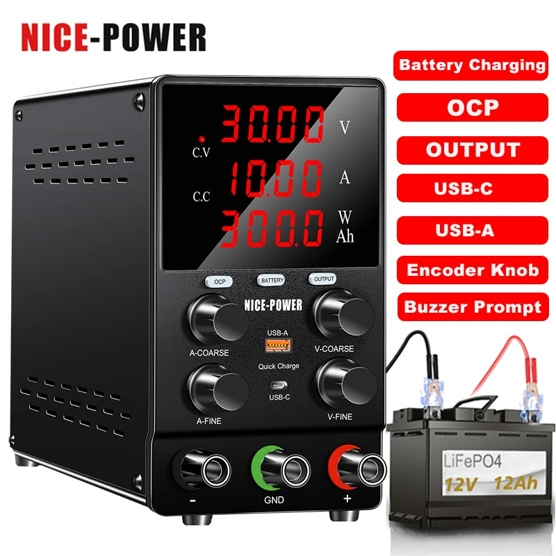 

NICE-POWER Newest Battery Charging Adjustable DC Power Supply 30V 5A 10A OCP OUTPUT Preset Current Encoder Knob USB-A USB-C 120V
