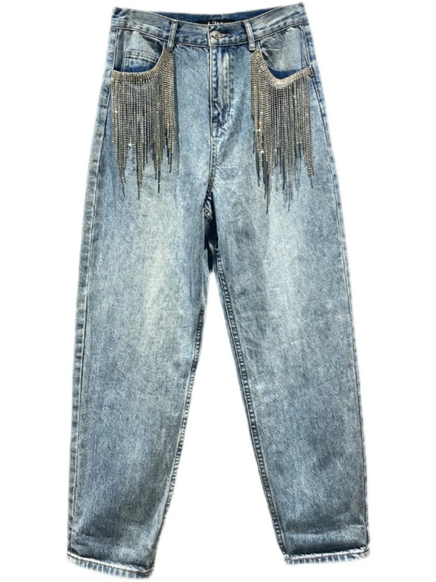 Imagem -05 - High-end Tassel Strass Cadeia Bling Brilhante Jeans Feminino Calças Jeans Retas Irregulares de Diamante Completo Streetwear Primavera e Outono