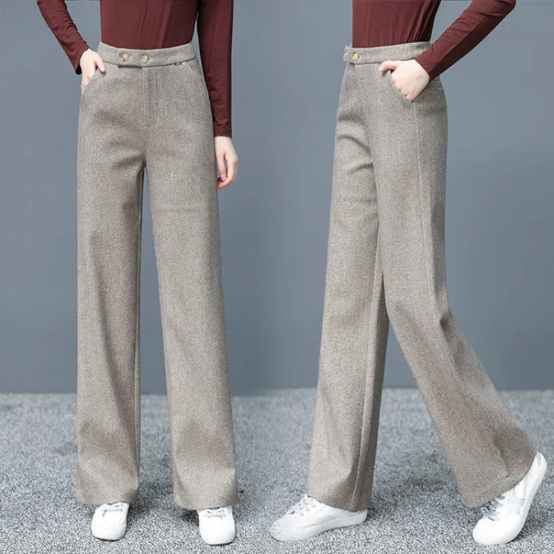 2023Winter New Trousers Herringbone Woolen  Women's Casual Pants All-Matching Slimming and Warm Wide-Leg