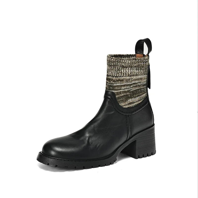 ผู้หญิงข้อเท้ารองเท้าบูทรอบ Toe Patchwork รองเท้าส้นยุโรปออกแบบแบรนด์ Botas ซิปด้านข้างฤดูใบไม้ร่วงรองเท้าสาวฤดูหนาว Botas