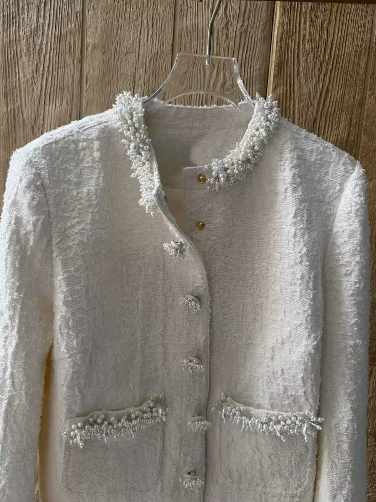 Ladies Pearl Decoration Tweed Jacket Early Autumn Round Neck Long Sleeve Single Breasted Elegant White Coat