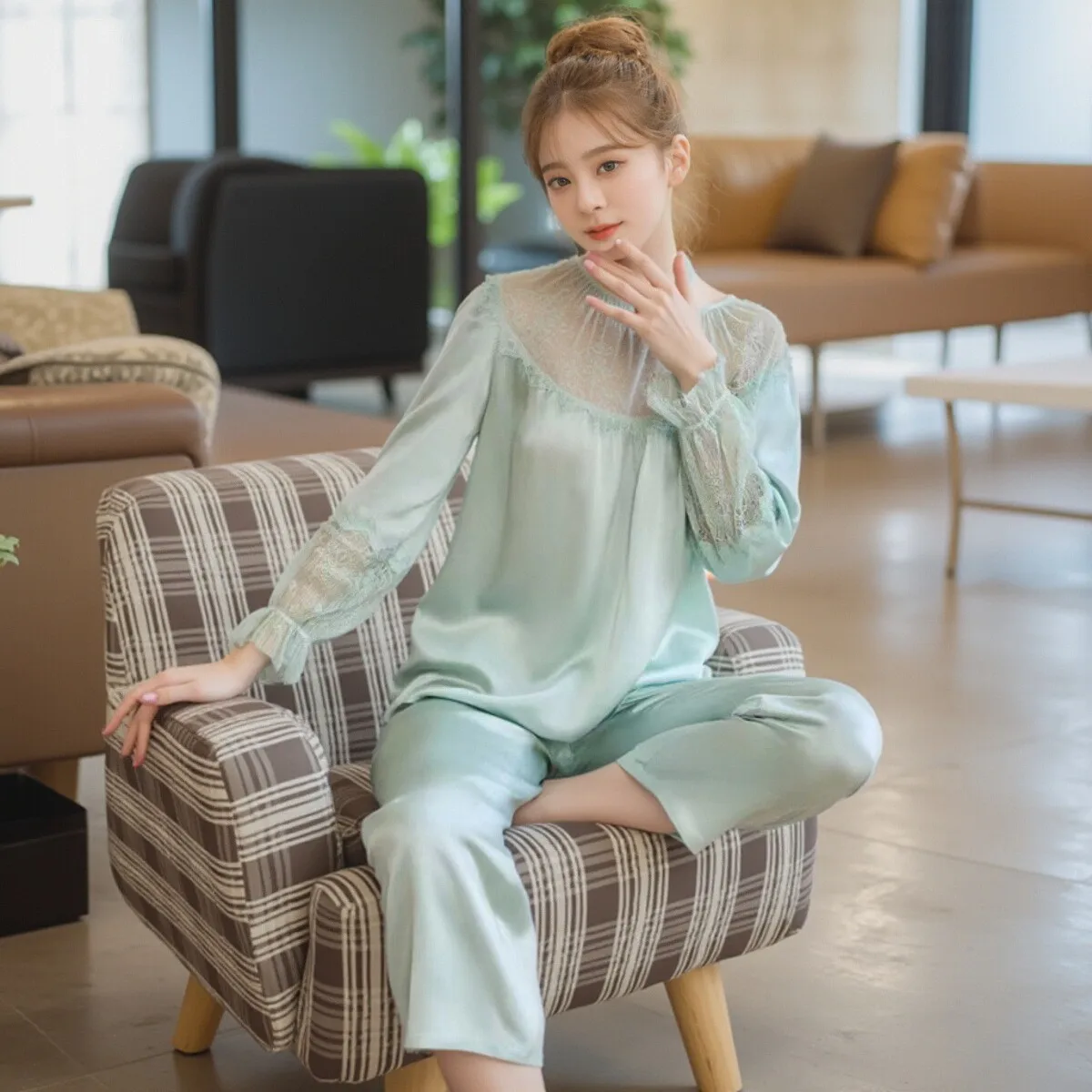 

French Style 19MM 100% Mulberry Silk Long Sleeve Trousers Loungewear Pajamas Set Princess Pijamas Nightwear Casual Pajamas Sets