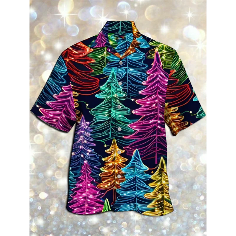 3D Print Neon Theme Christmas Tree Graphic Hawaiian Shirts New Year Merry Christmas Short Sleeve Button Shirt Xmas Trend New Tee