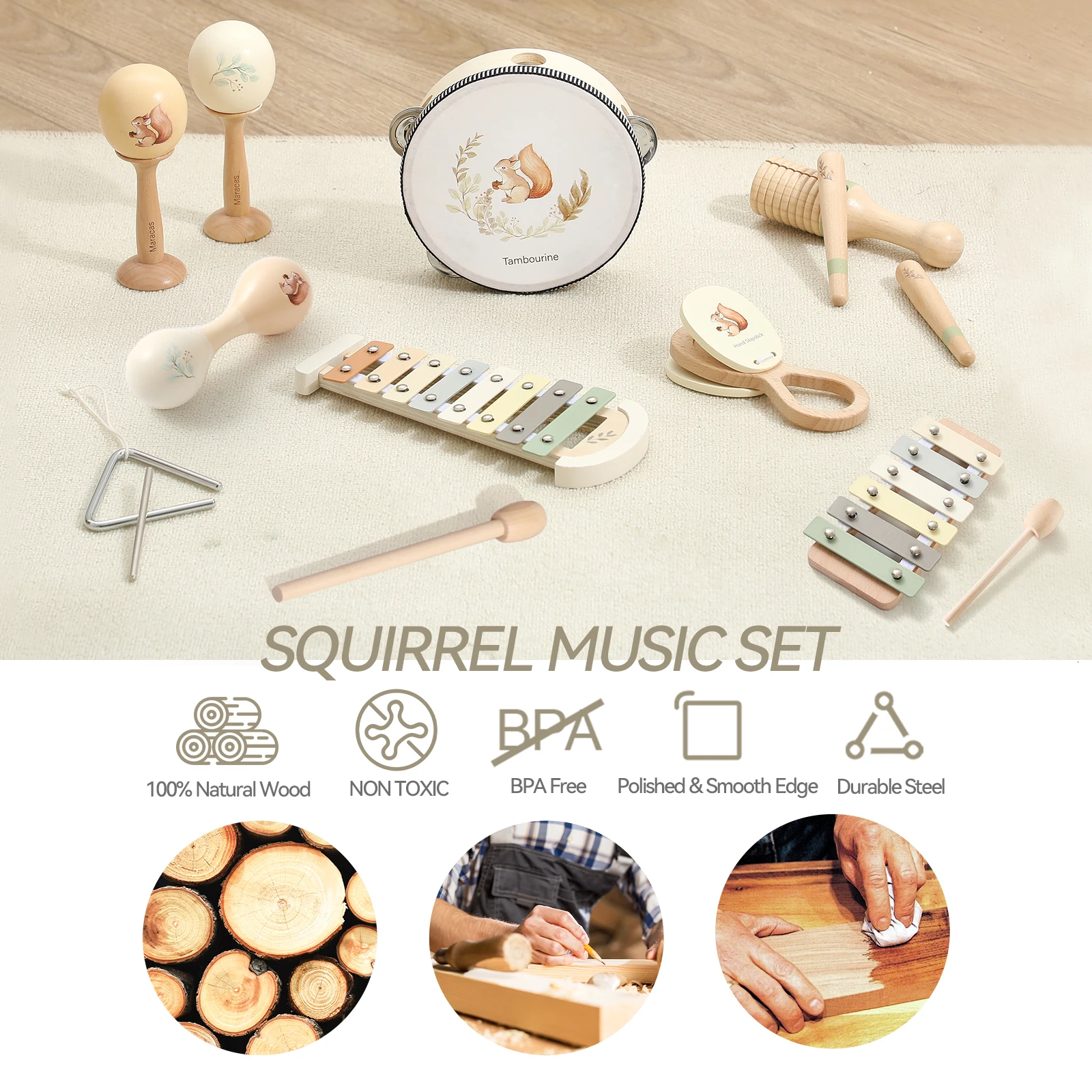 Montessori Wooden Toy Multicolor Xylophone Bell Beads Drum Column Musical Instrument Toy Kid Educational Musical Instrument Gift