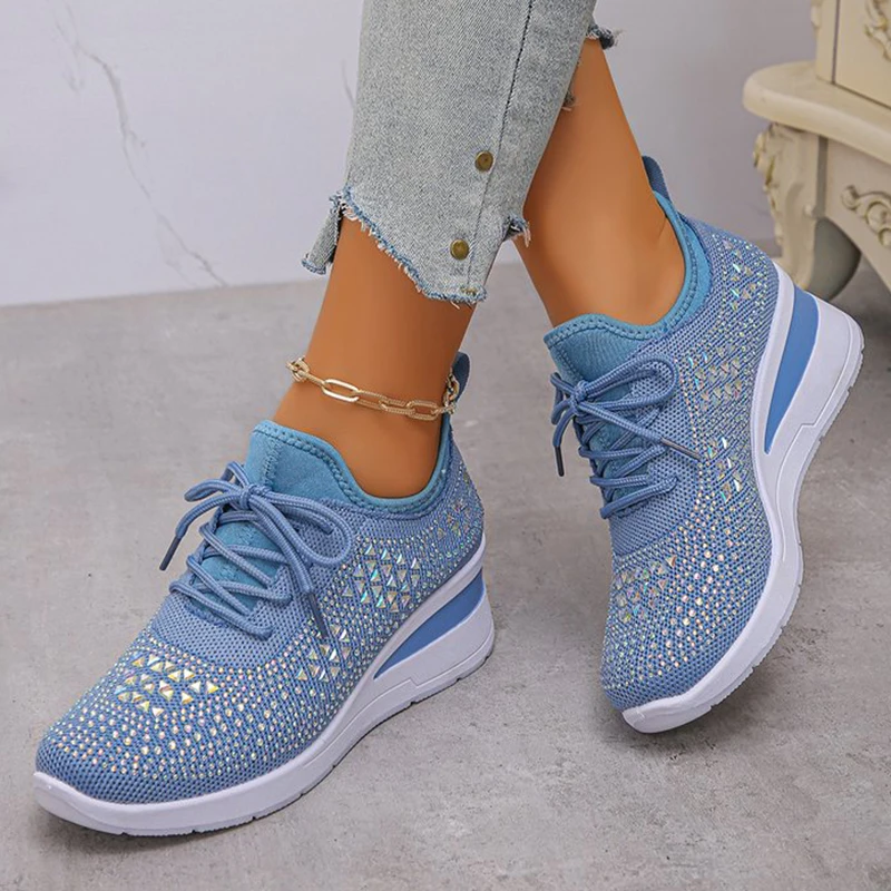 

Shiny Rhinestone Sneakers for Women Lace Up High Heel Wedges Vulcanized Shoes Woman Comfort Breathable Mesh Sports Shoes Ladies