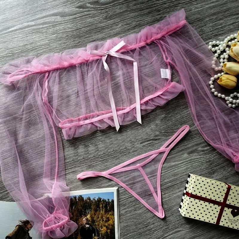Seksi transparan iç çamaşırı seti Babydoll Sevgililer Kıyafeti Kadın Dantel İç Sıcak Tanga Sütyen Erotik Kapalı Omuz Üst