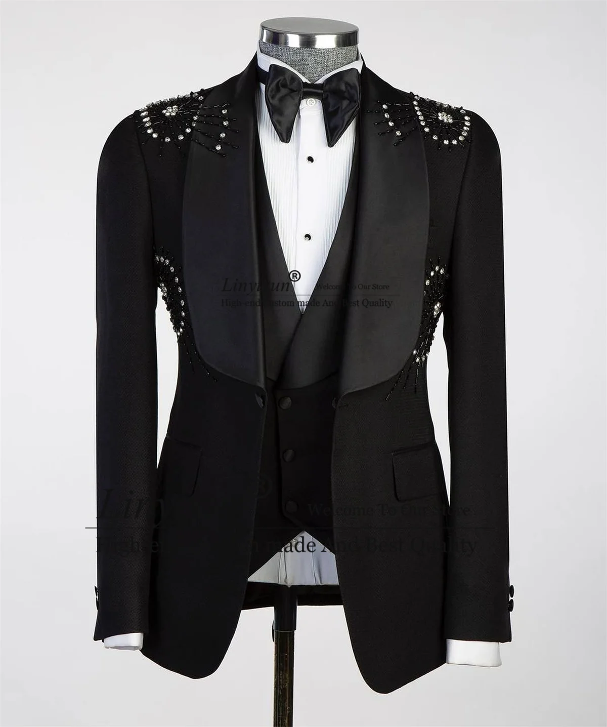 Luxury Beaded Crystals Tuxedos Men Suits 3 Pieces Sets Male Prom Party Blazers Customized Wedding Male trajes para hombre