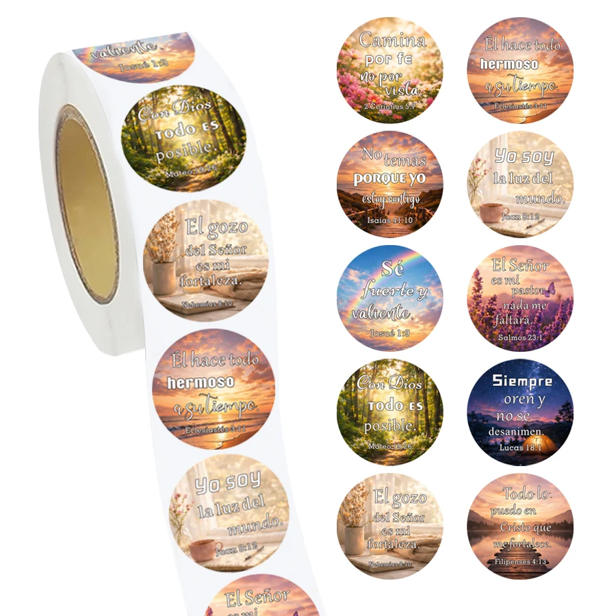 

500 Pcs Spanish Bible Verse Stickers Roll Inspirational Scripture Round Labels Christian Faith Stickers