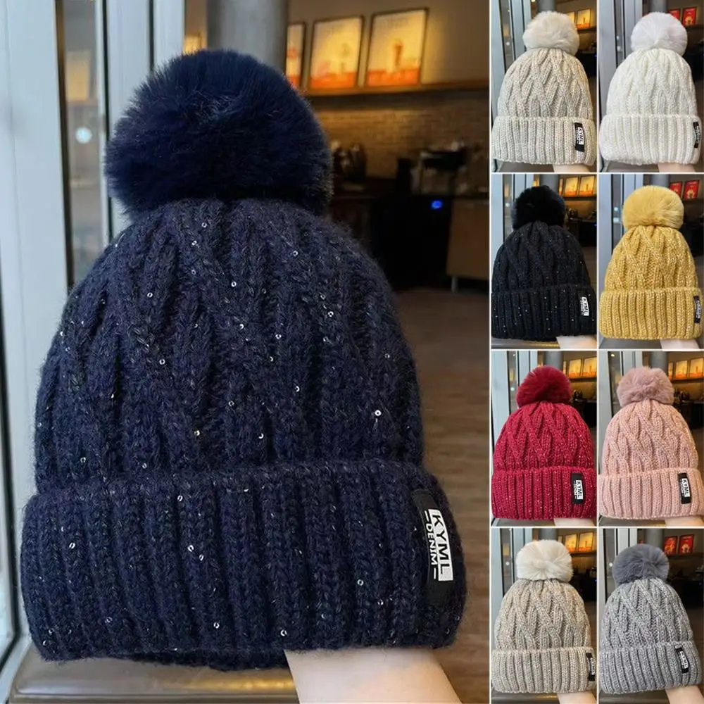 Casual Thickened Winter Hat Keep Warm Knitted Cap Pompoms Hat Women