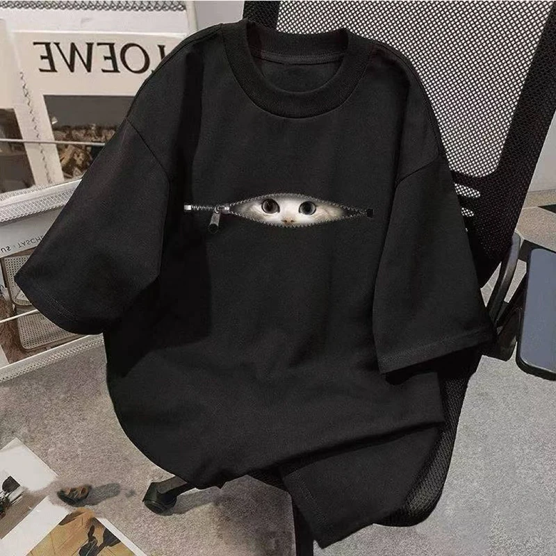 Summer Zipper Cat Men O Neck Short Sleeve T Shirts Student Korean Fashion All-match 2xl Oversized Clothing Black White Apricot