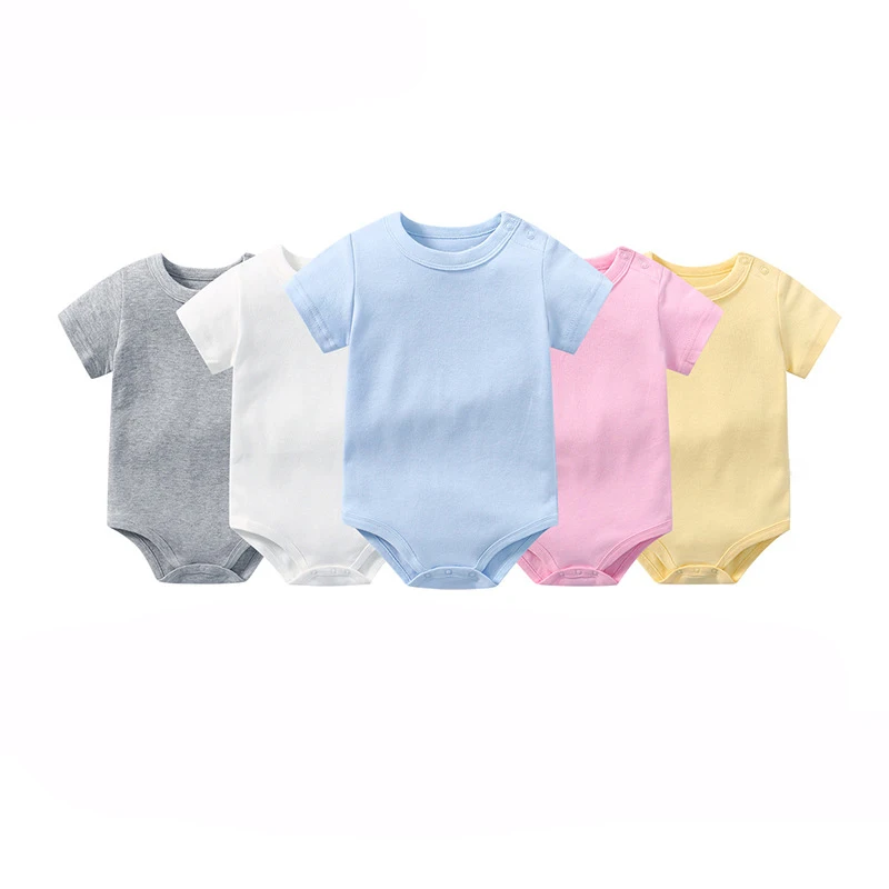 

Summer Newborn Baby Boy Girl Clothes Romper Shoulder Button Short Sleeve Bodysuit Solid Color Cotton Bottom Bodysuit 0-24 Months