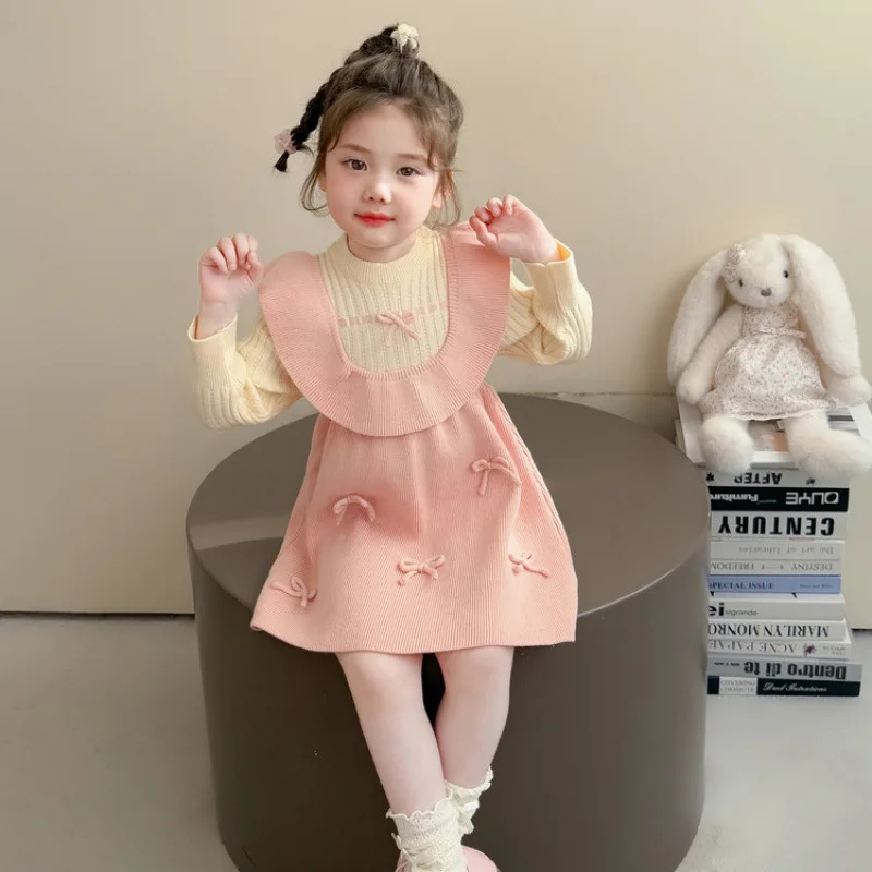 Girls' Woolen Dress Autumn Wear 2025 Autumn and Winter New Item, Little Girls' Bow Knit Children's Princess Dress