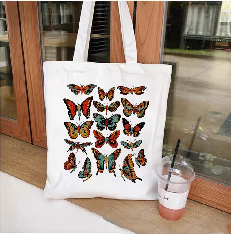 Nature Inspired Canvas Tote Bag, Insect Cactus Butterfly Mushroom Print Shoulder Bag for Daily Commute