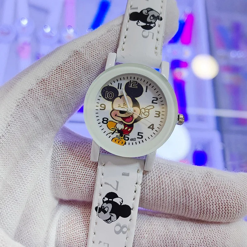 Детские часы с изображением Микки Диснея, кожаный ремешок, кварцевые часы для мальчиков и девочек, студенческие часы, праздничный подарок