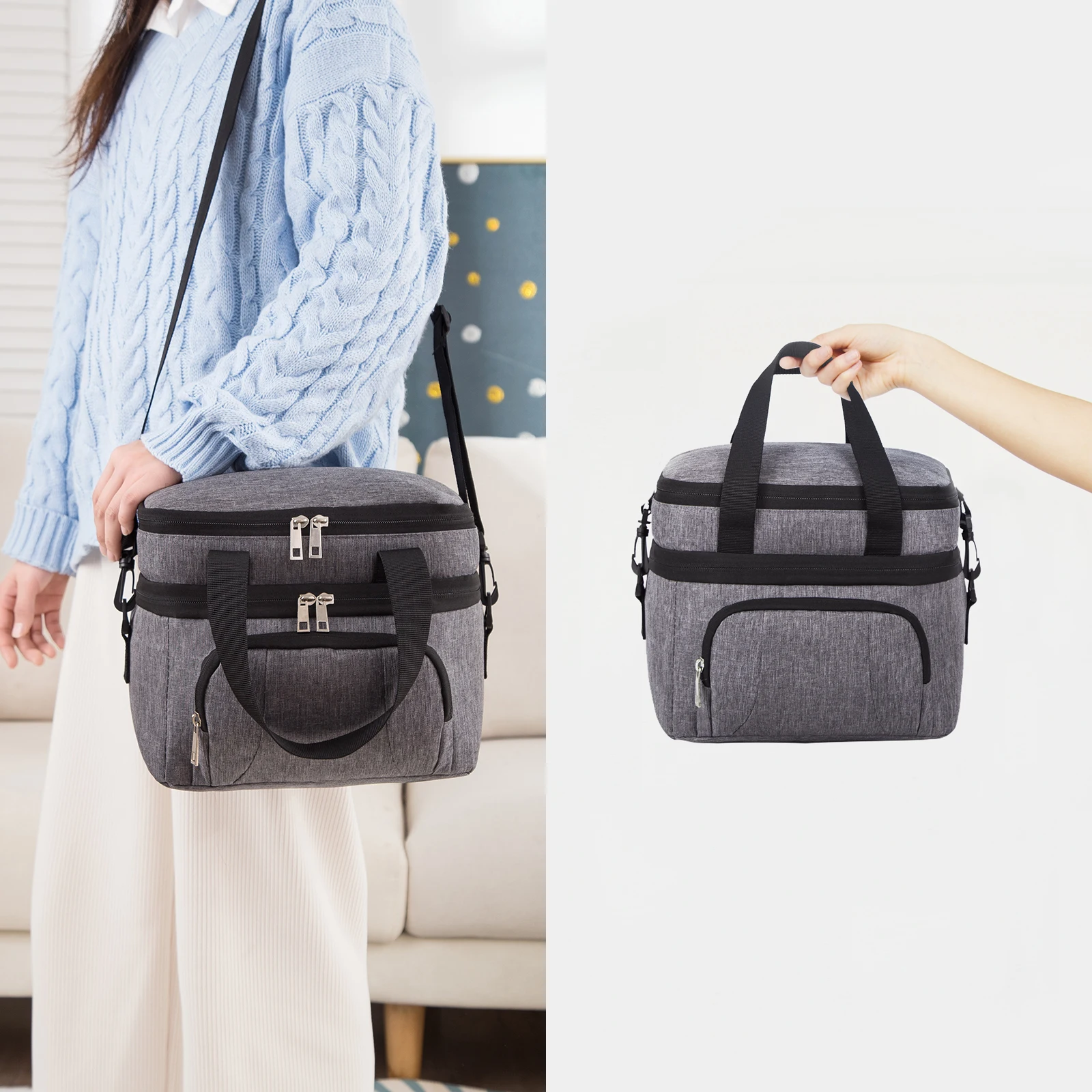 Double Insulated Lunch Bag Layer Portable Thermal Lunch Box Waterproof Picnic Heat Insulating Bag with Adjustable Strap image 6