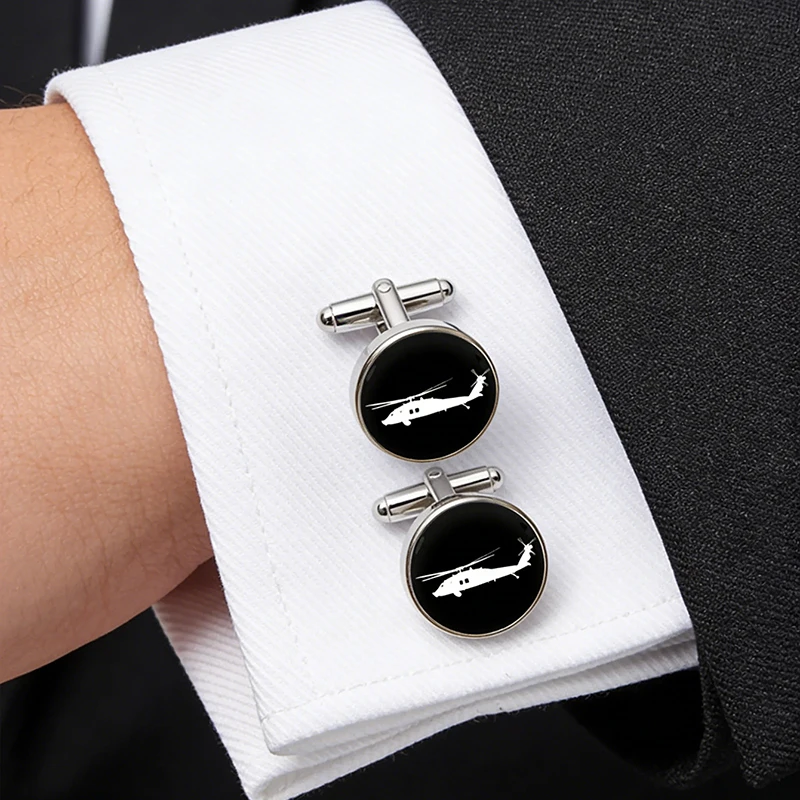 Black Helicopter Glass Cabochon Cufflinks Military Style Men's Formal Shirt Accessory Gift For Pilot Aviation Enthusiast
