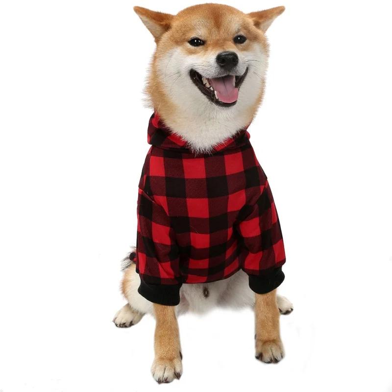 Pets Dogs Winter Warm Hoodie Coat Puppy Simple Two Legged Sweater With Black Red Plaid Hoodie Clothes For Small Large Dogs  Cats