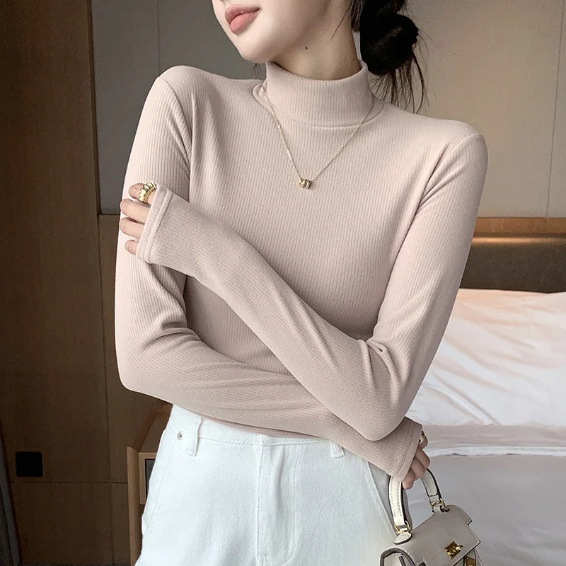 Mock Neck Knit Shirt 2023 Women\'s Autumn Winter Solid Basic Bottoming Sweater Soft Elastic Pullover Warm Solid Slim Fit Top