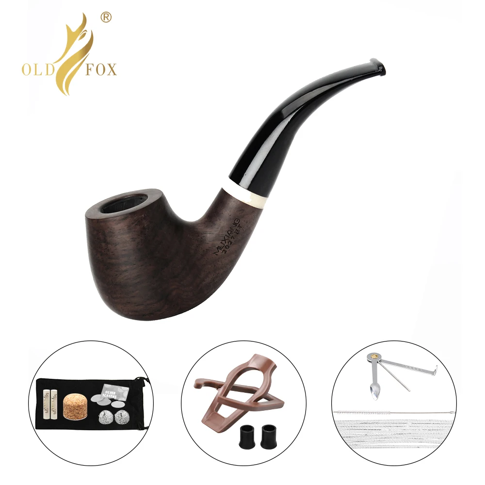 Old Fox Sandalwood Tobacco Bent Pipe Set Accessories 9MM Filter Solid Wood Dry Ebony Smoking Pip With 10 Tools Kits