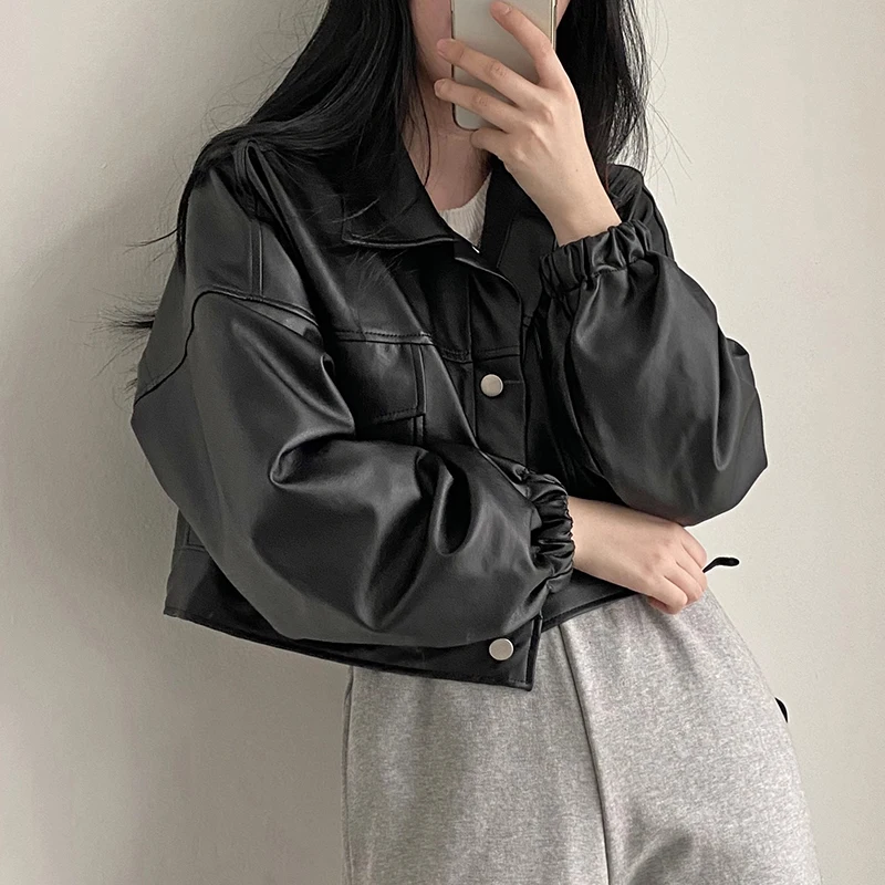 Chic Vintage da donna vestibilità ampia Jaet ort capispalla doppio ket colletto alla coreana cappotto in pelle PU versatile autunno nuovo Sle