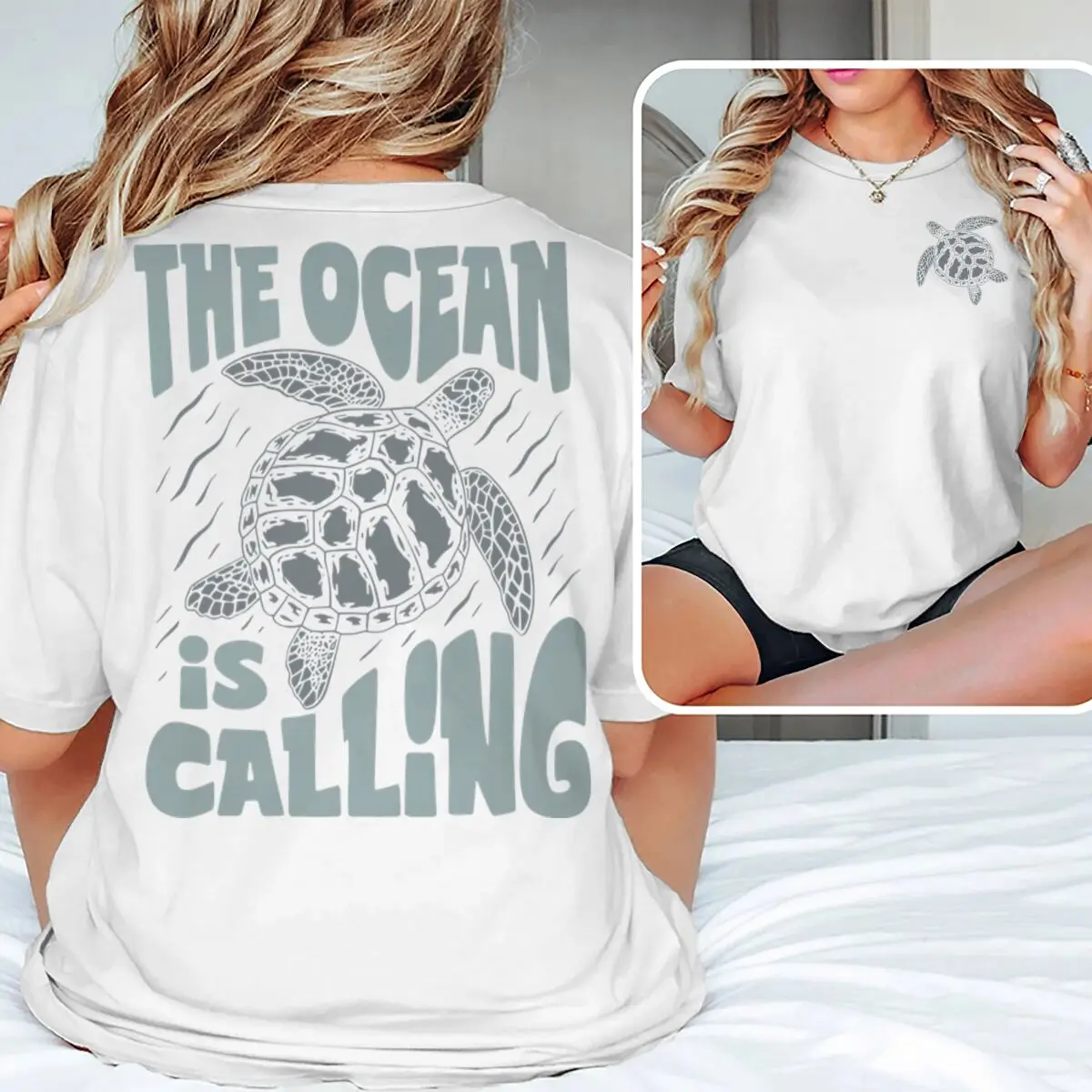 

The Ocean Is Calling Vintage Sea Turtle Graphic Print Women T Shirts Round Neck Ocean Beach Camisetas Mujer Summer Vibes Tshirt