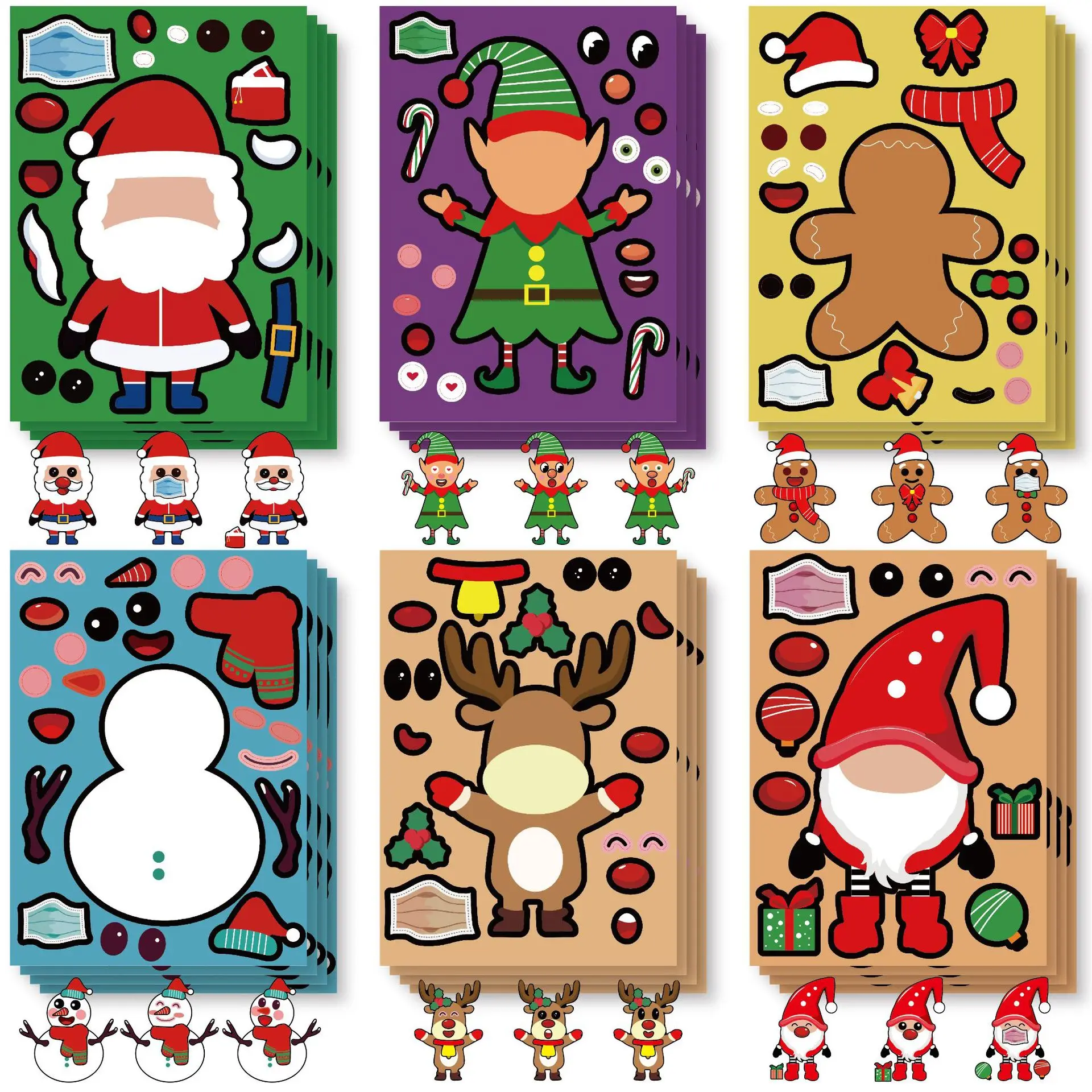 12 Sheets Children DIY Puzzle Sticker Toys Santa Christmas Tree Socks Face Assemble Stickers Boys Girls Christmas Gifts for Kids