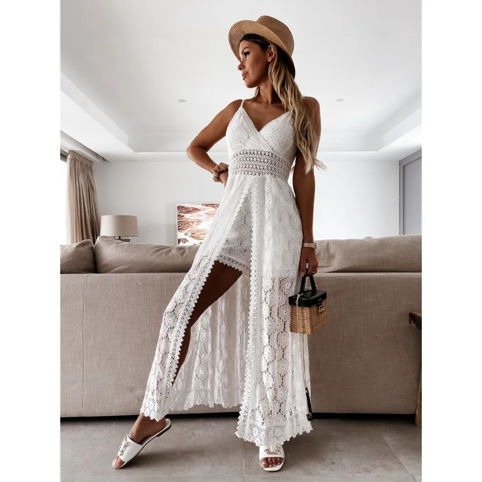 Combinaison Sexy à bretelles pour femmes, pantalon ort taille haute, tissu fin, ajouré, détail, Collection d'été