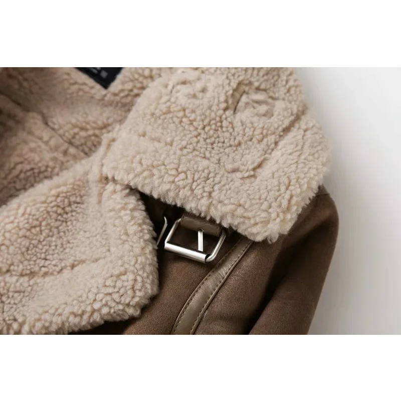 ฤดูหนาวFaux Shearling Sheepskinปลอมหนังแจ็คเก็ตLadyหนาหนังนิ่มLambsรถจักรยานยนต์สีน้ําตาลเสื้อMujer Chaqueta A407