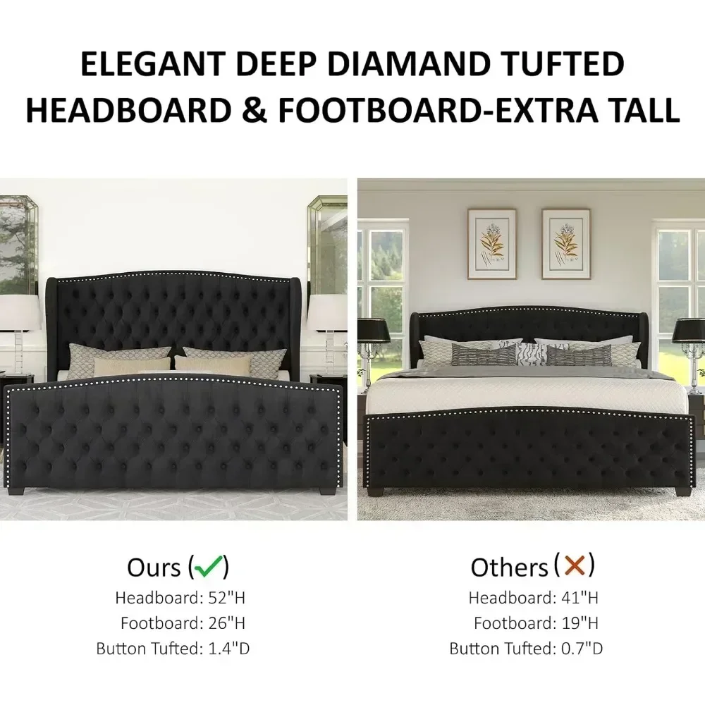 Queen Size Platform Bed Frame,Velvet Upholstered with Deep Button Tufted Nailhead Trim Wingback Headboard Black,Bed Frames - view 2
