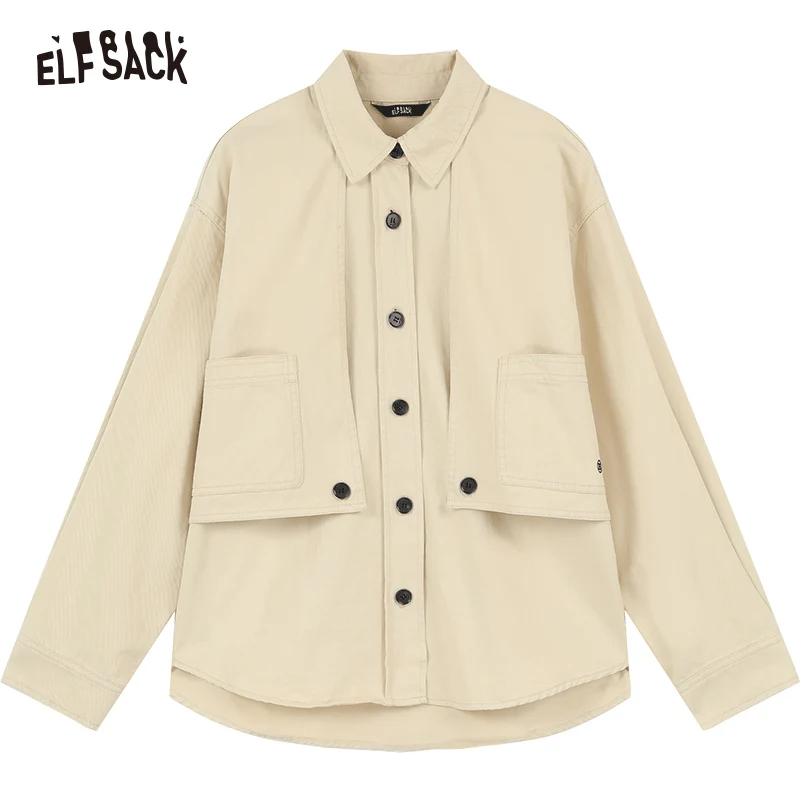 ELFSACK 2024 spring new versatile loose workwear style solid color coat for women casual style vintage cool button front pocket